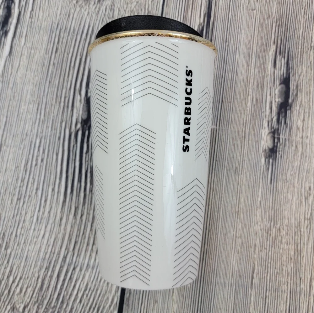 Starbucks Travel Ceramic Cup Tumbler Coffee Tea Love Heart Gold Chevron